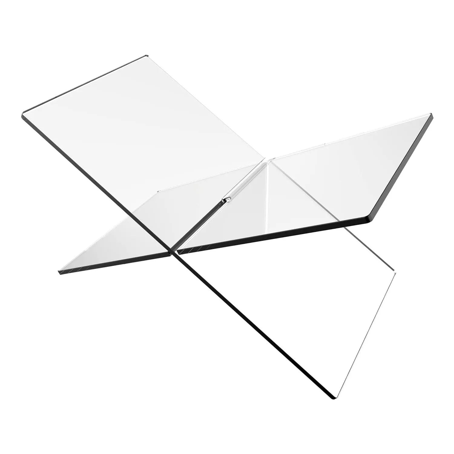 Clear acrylic X-shaped book reading rack displaying books on desktop