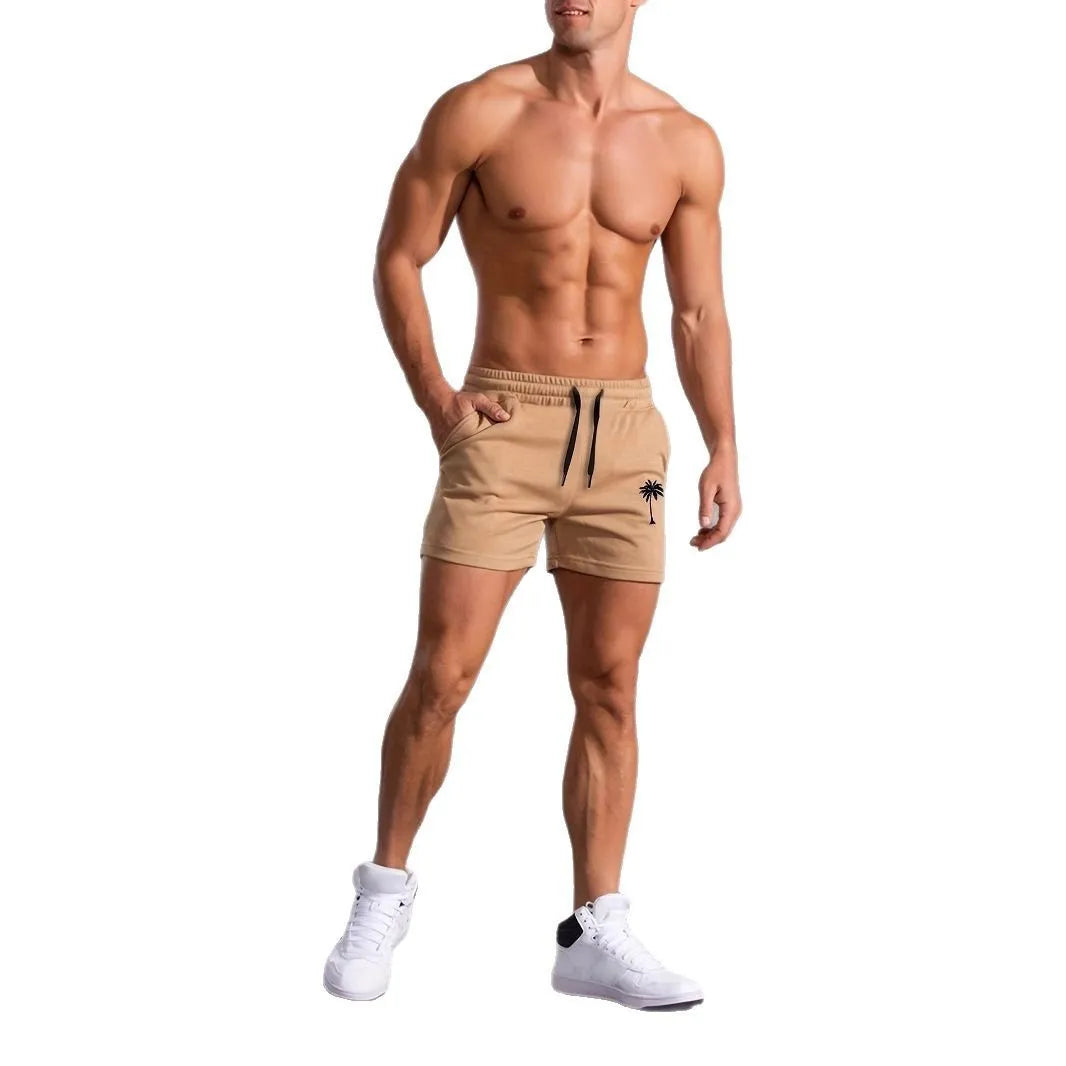 Men's khaki coconut print polyester sports shorts with straight cut design