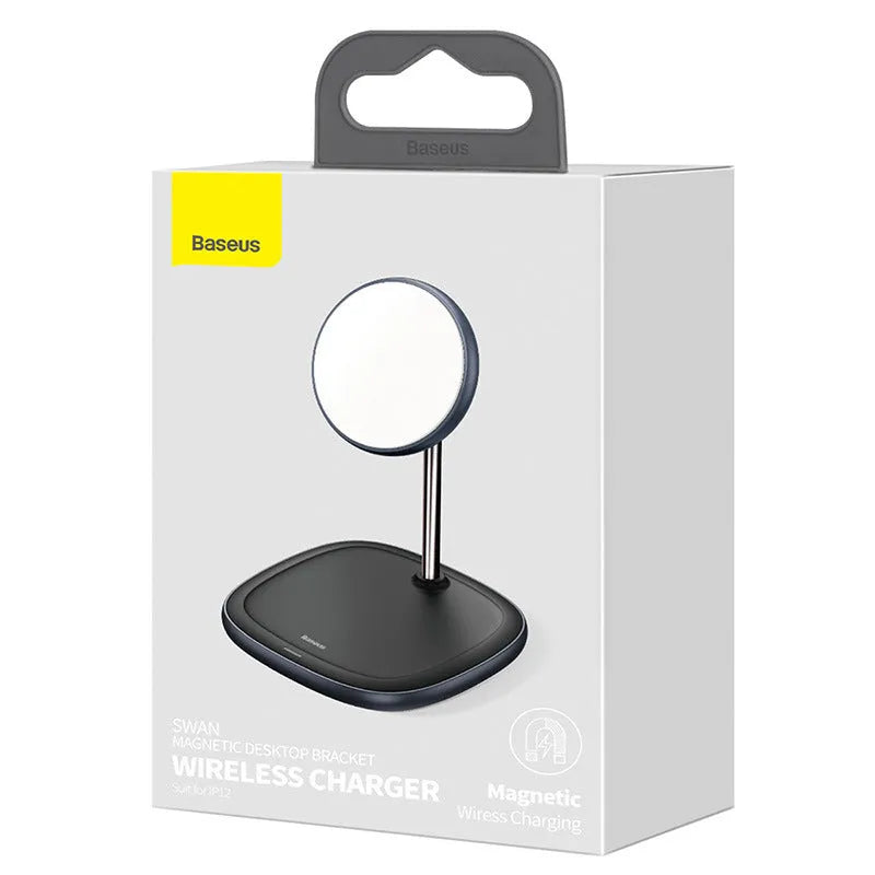 Magnetic wireless charging desktop stand for Apple iPhone 12 in black colour with Type-C cable