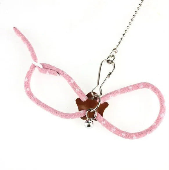Pink hamster training traction rope with adjustable nylon straps and small bell on 60cm lead