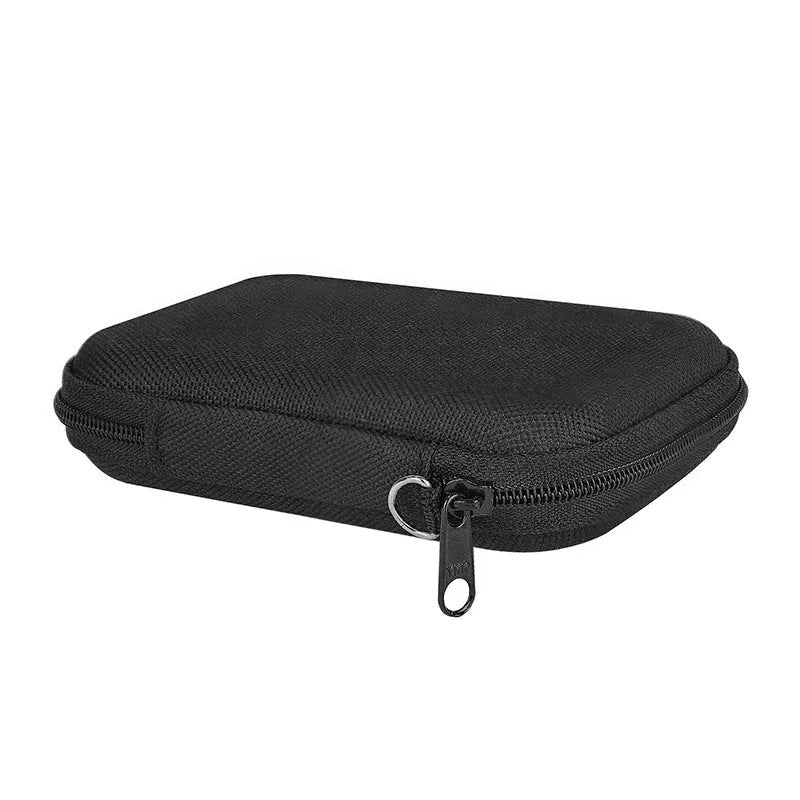 Black hard protective storage case for magnetic wireless power bank, 120x90x27mm, on neutral background
