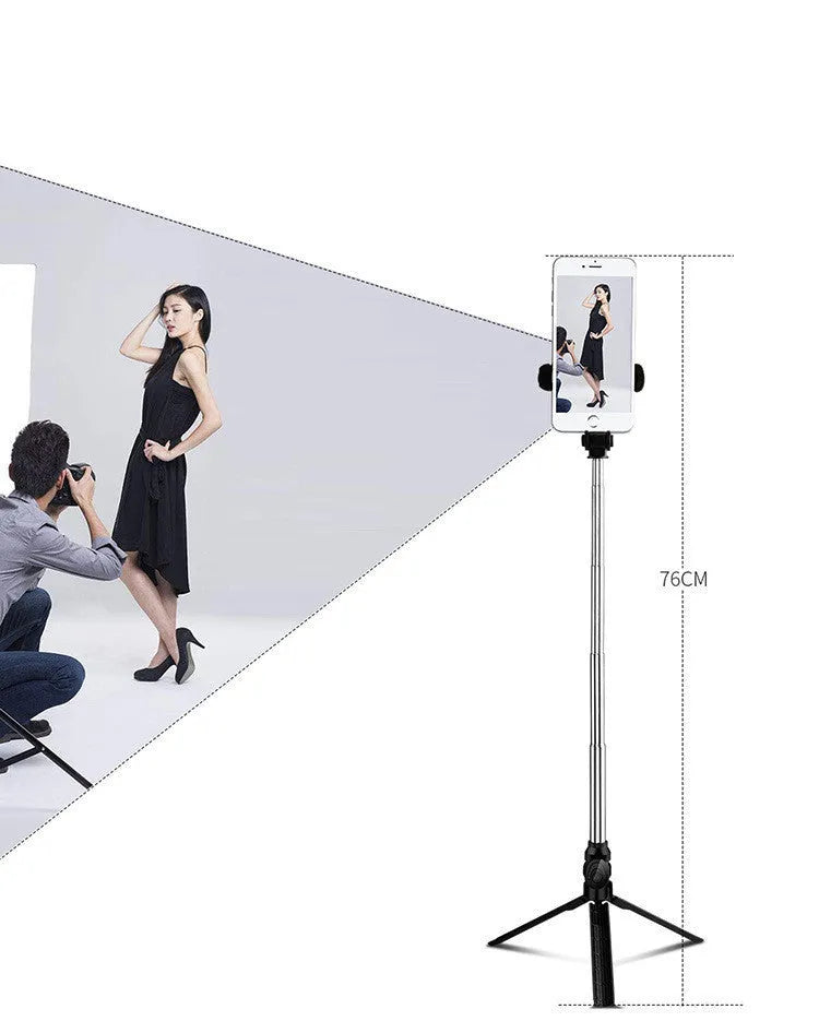 Black Bluetooth tripod selfie stand for iPhone with extended legs and rotating phone clip
