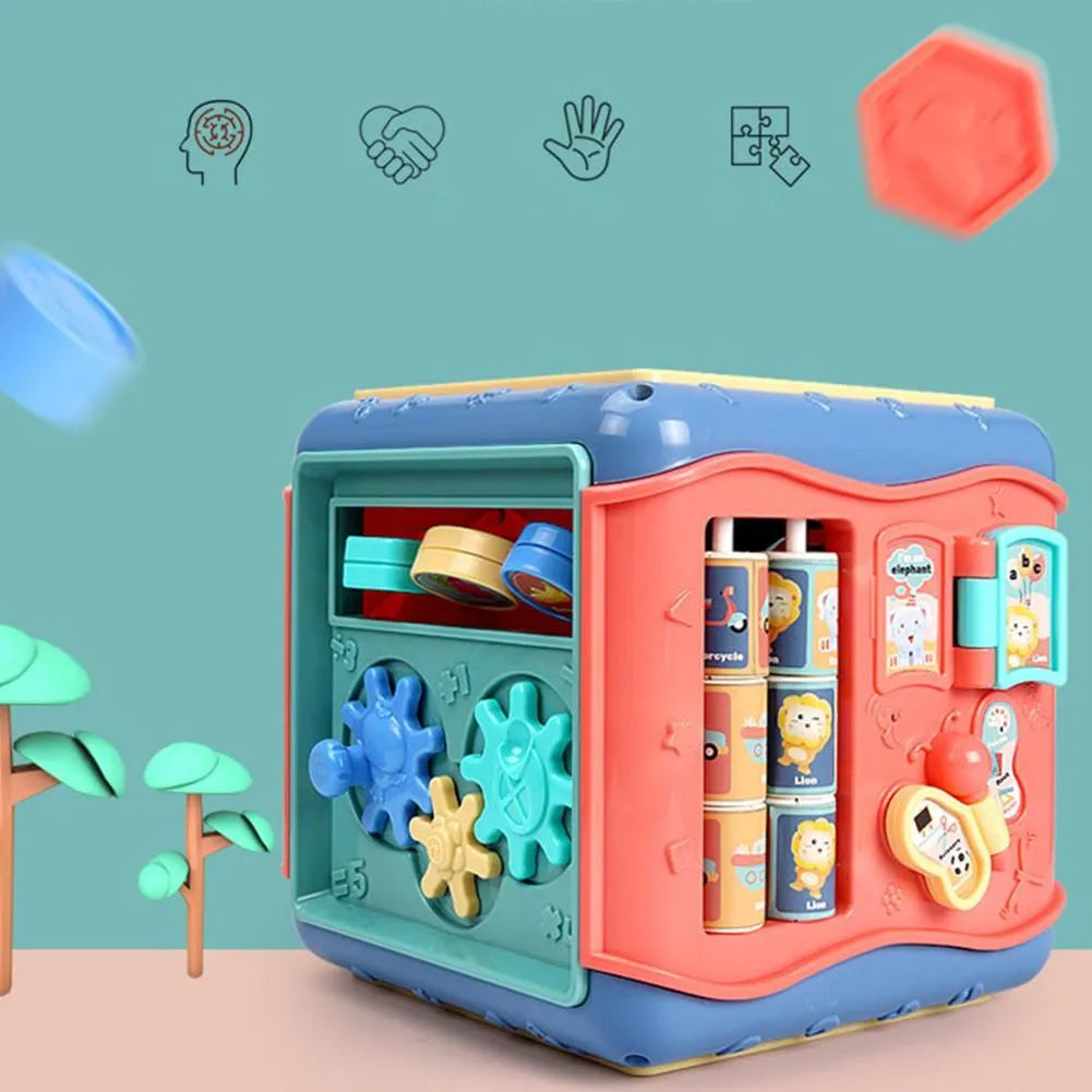 Baby Montessori hexahedron educational toy showing six sides with different learning activities