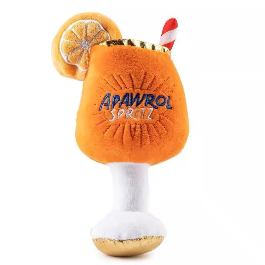 Yellow plush beer bottle squeaky dog toy with teeth-cleaning feature measuring 7cm tall