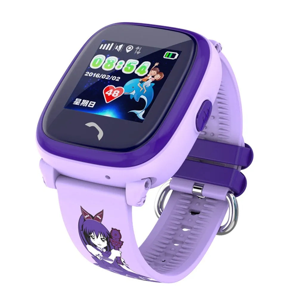 Blue children's waterproof smart watch with touch screen display and silicone wristband showing GPS tracking interface