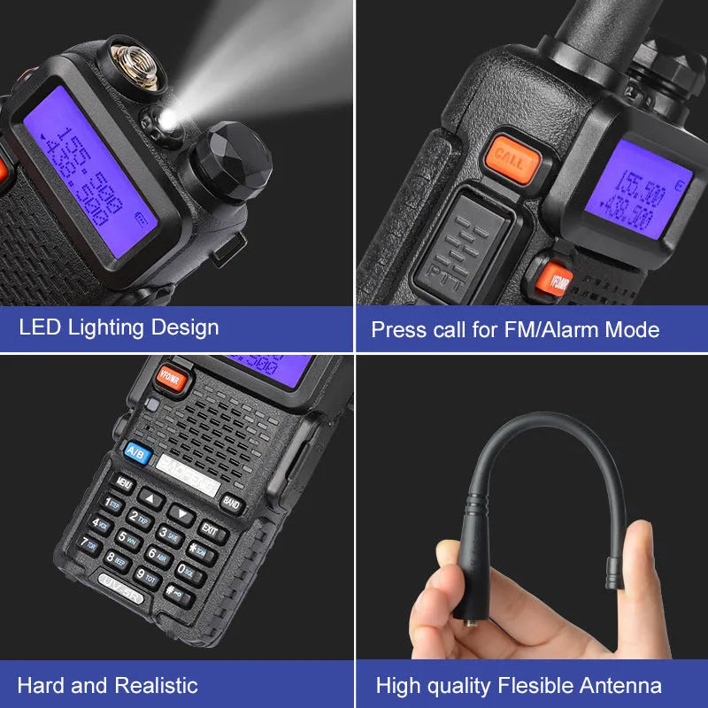 Black professional walkie talkie with antenna, showing compact dimensions and channel display.