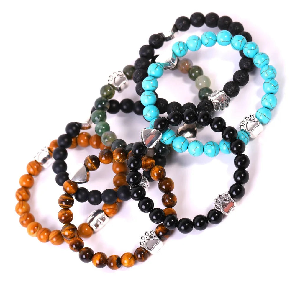 Tigereye and Indian agate stone bead bracelet with dog paw and love heart geometric charms