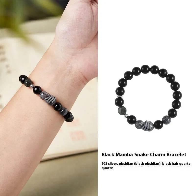 Black S925 sterling silver bracelet with snake modelling and obsidian stone details
