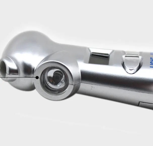Silver four-in-one digital tyre pressure gauge with safety hammer and emergency light on white background