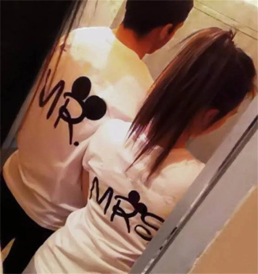 Matching MR and MRS couple T-shirts made from polyester fibre in multiple sizes