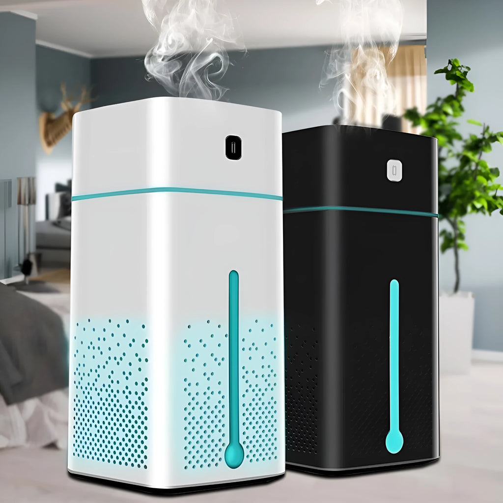 Black or white USB desktop humidifier with 1000ml tank for home office use.
