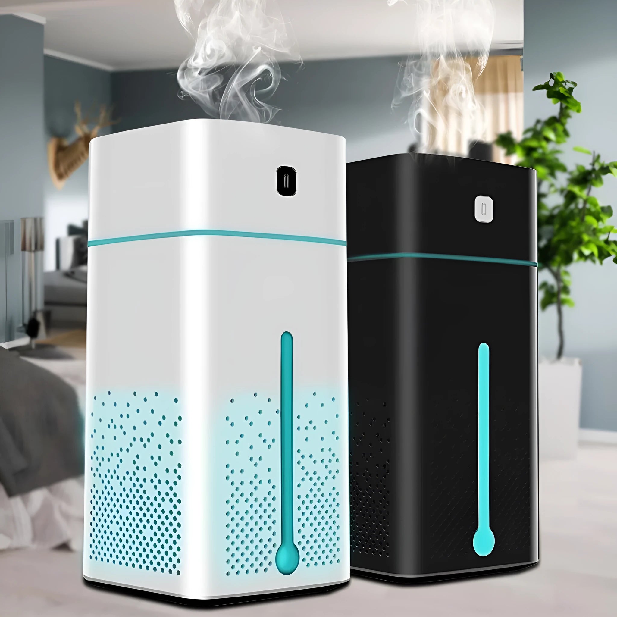 Black or white USB desktop humidifier with 1000ml tank for home office use.