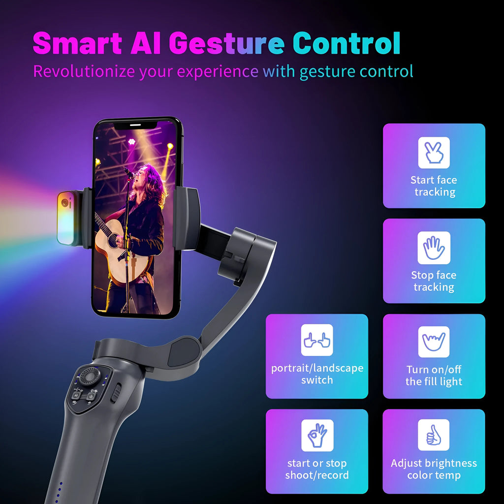 Handheld camera stabilizer tripod head in L7Cpro gun colour with foldable arms and AI RGB lighting.