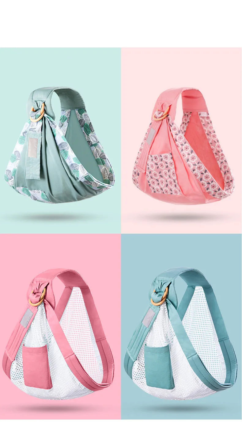 Baby wrap carrier sling in blue-green cotton mesh fabric, adjustable for newborn to 36 months, 50kg capacity