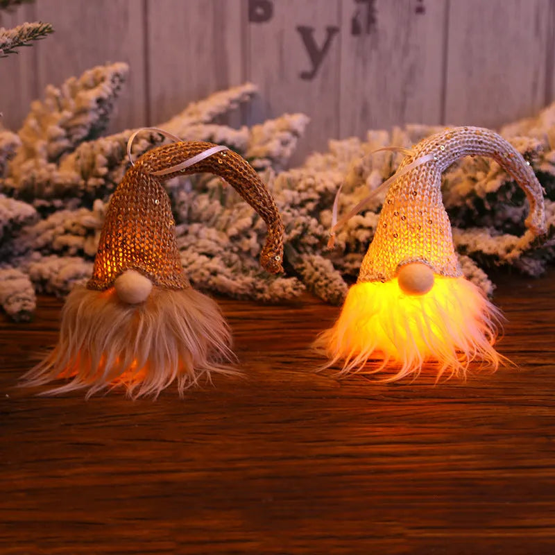 Handmade Swedish gnome LED Christmas tree ornament with warm light, yarn plush body 8x20cm beige colour