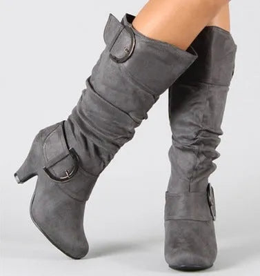 Women's brushed velvet suede high cylinder boots in solid colour with tapered heel and round toe