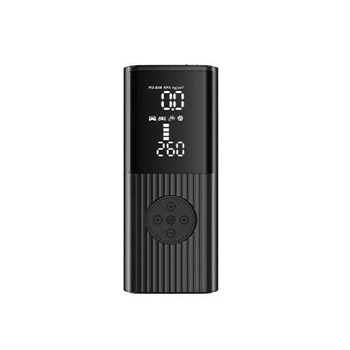 Black wireless car tyre inflator with digital display, LED light, and USB port, shown with air nozzles and storage bag.