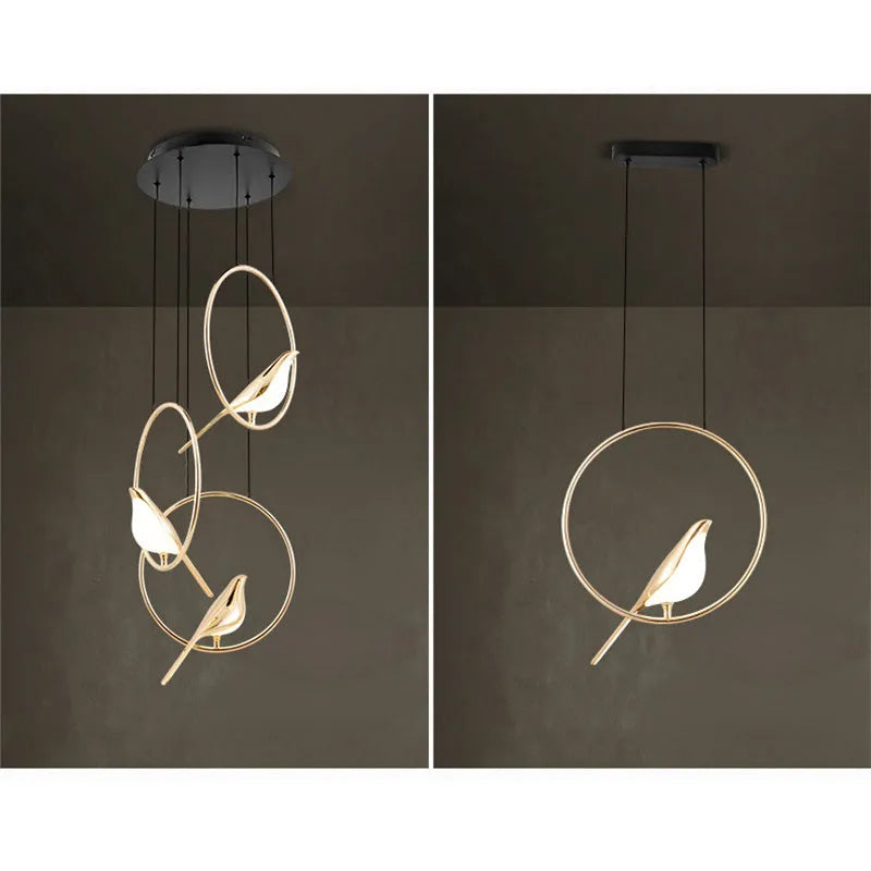 Modern minimalist magpie bird silhouette LED chandelier ceiling light made from zinc alloy and acrylic.