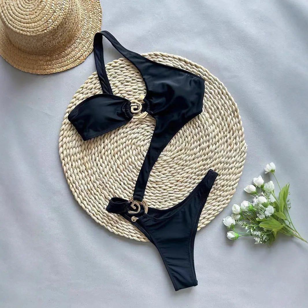 Women's black printed nylon bikini swimsuit set on model