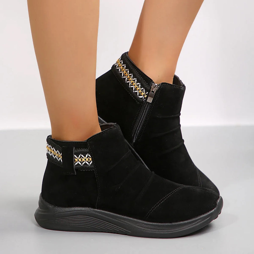 Round head women's frosted martin boots in black with platform heel and side zipper