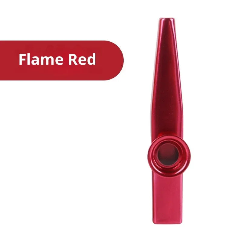 Metal kazoo in Flame Red with paper tube against a white background