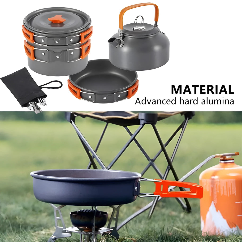 Orange travel picnic tableware folding camping cookware set with aluminium pots, pan, and utensils in mesh bag