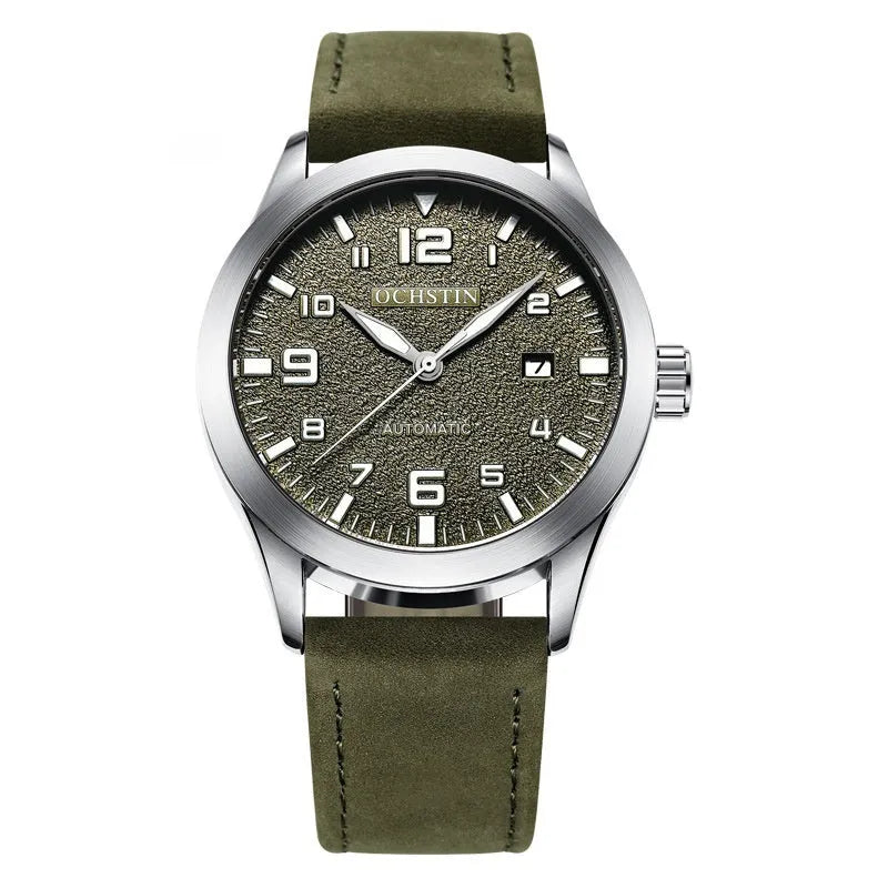 Men's retro automatic watch with leather strap in black and silver colour options