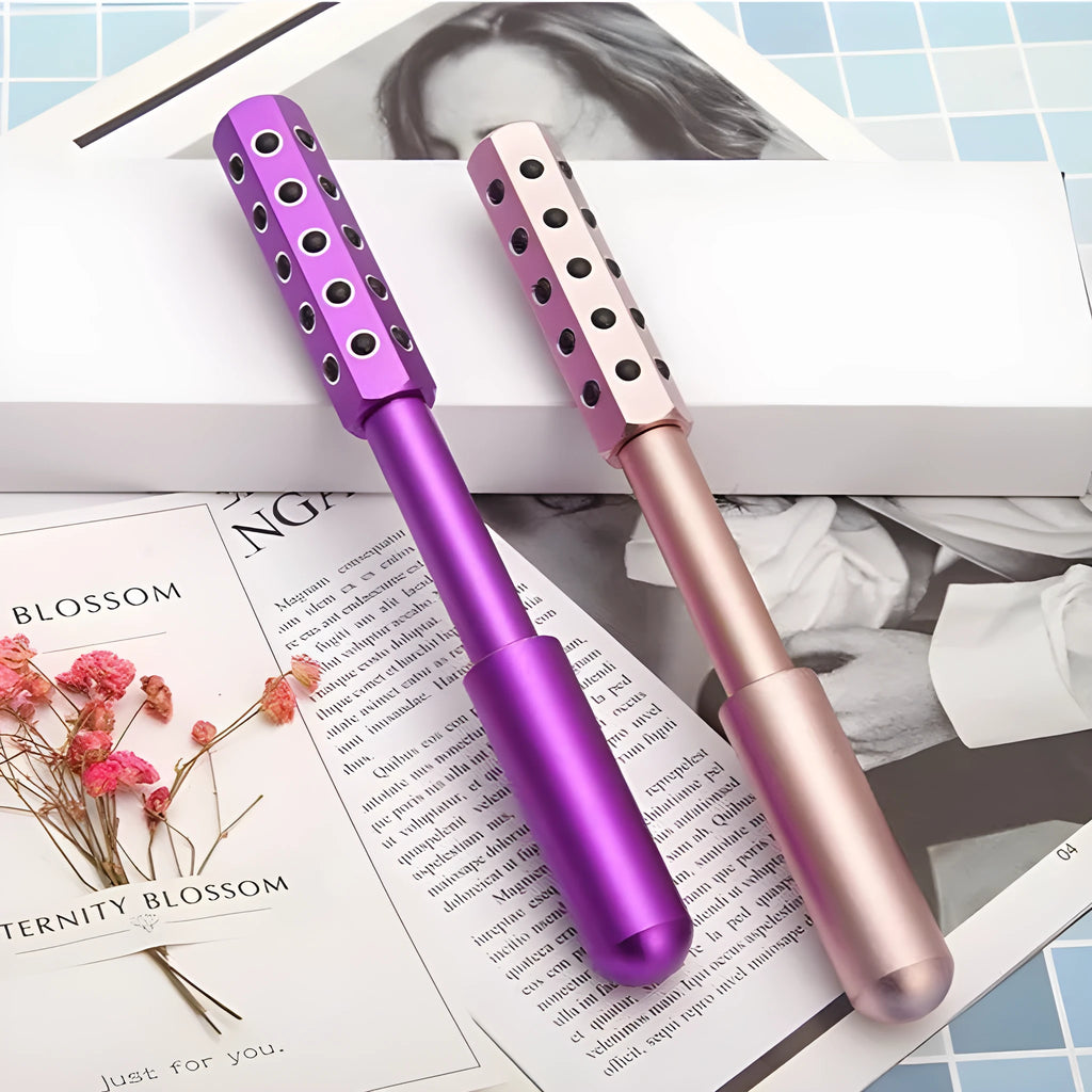Germanium particles facial massage roller with purple handle and 24 rolling balls