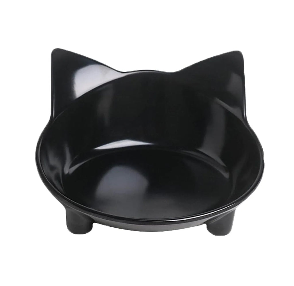 Shallow black cat food bowl with rubber anti-skid base for whisker fatigue relief