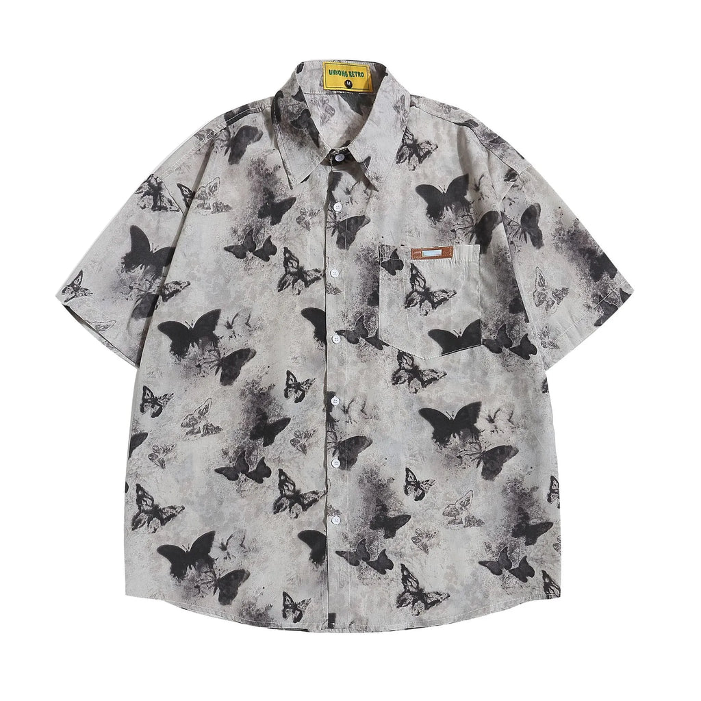 Loose fit butterfly pattern half sleeve polyester top in gray and khaki colour options
