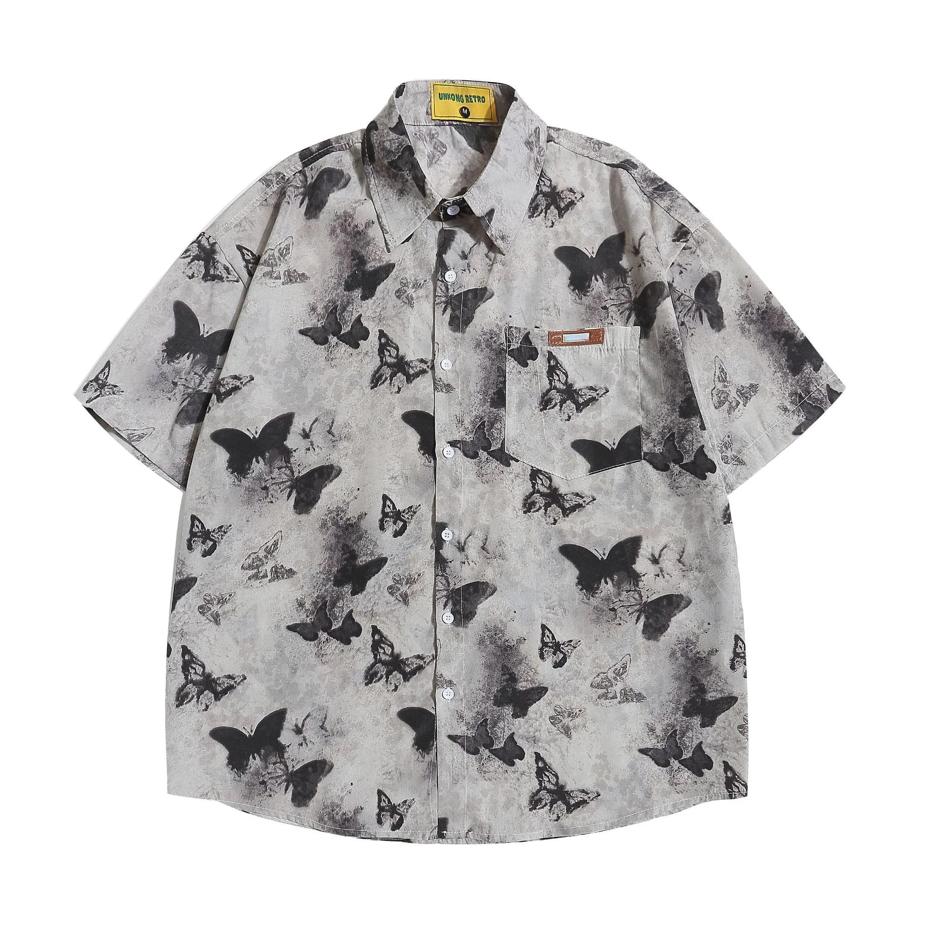 Loose fit butterfly pattern half sleeve polyester top in gray and khaki colour options