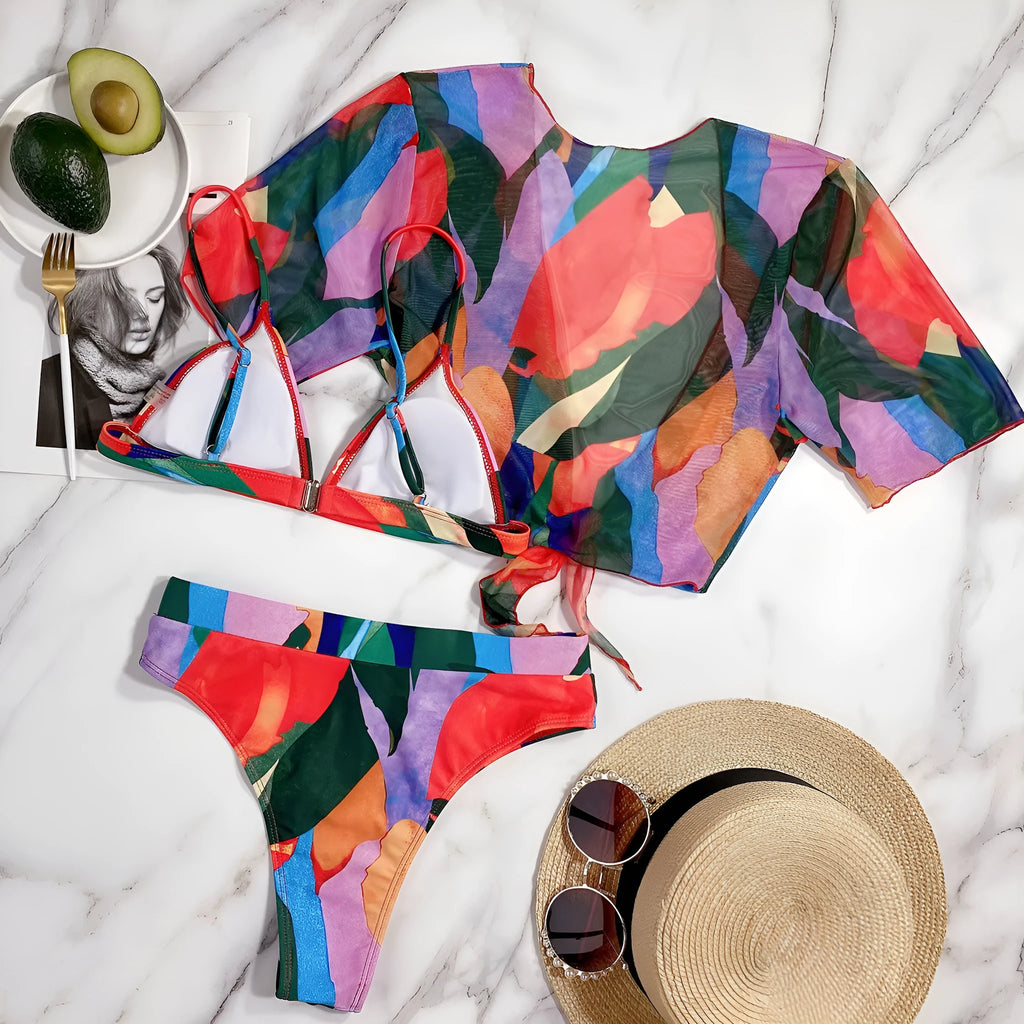 Red women's split swimsuit bikini for swimming and surfing with nylon fabric