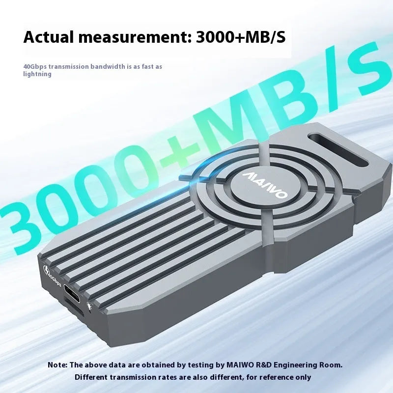 USB4 aluminium alloy external hard disk enclosure for NVMe M2 SSD measuring 50mm x 118mm x 13mm