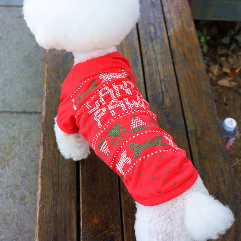Christmas teddy dog outfit in red and green polyester fabric with festive pattern