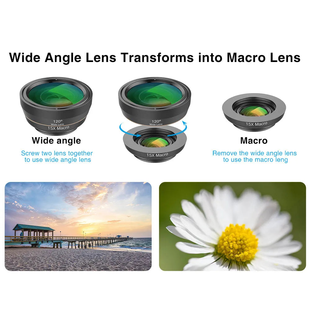 Black 6-in-1 smartphone camera lens kit with fisheye, wide angle, macro, telephoto lenses and universal mounting clip