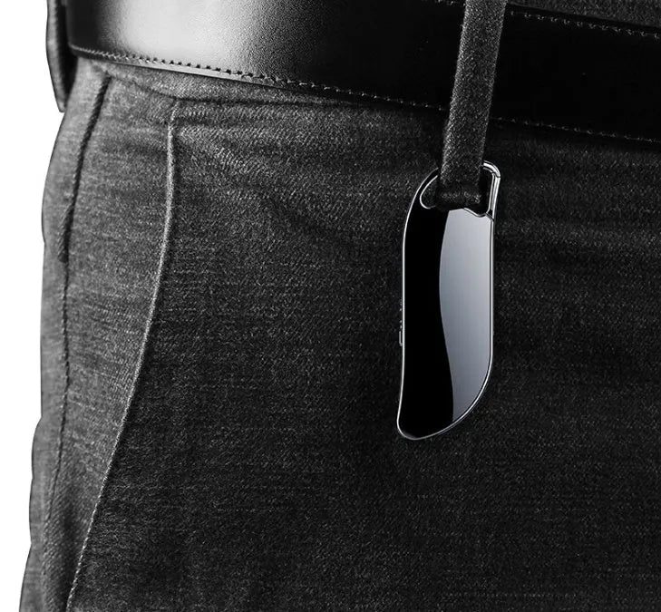 Keychain digital voice recorder in silver metal shell with keyring attachment