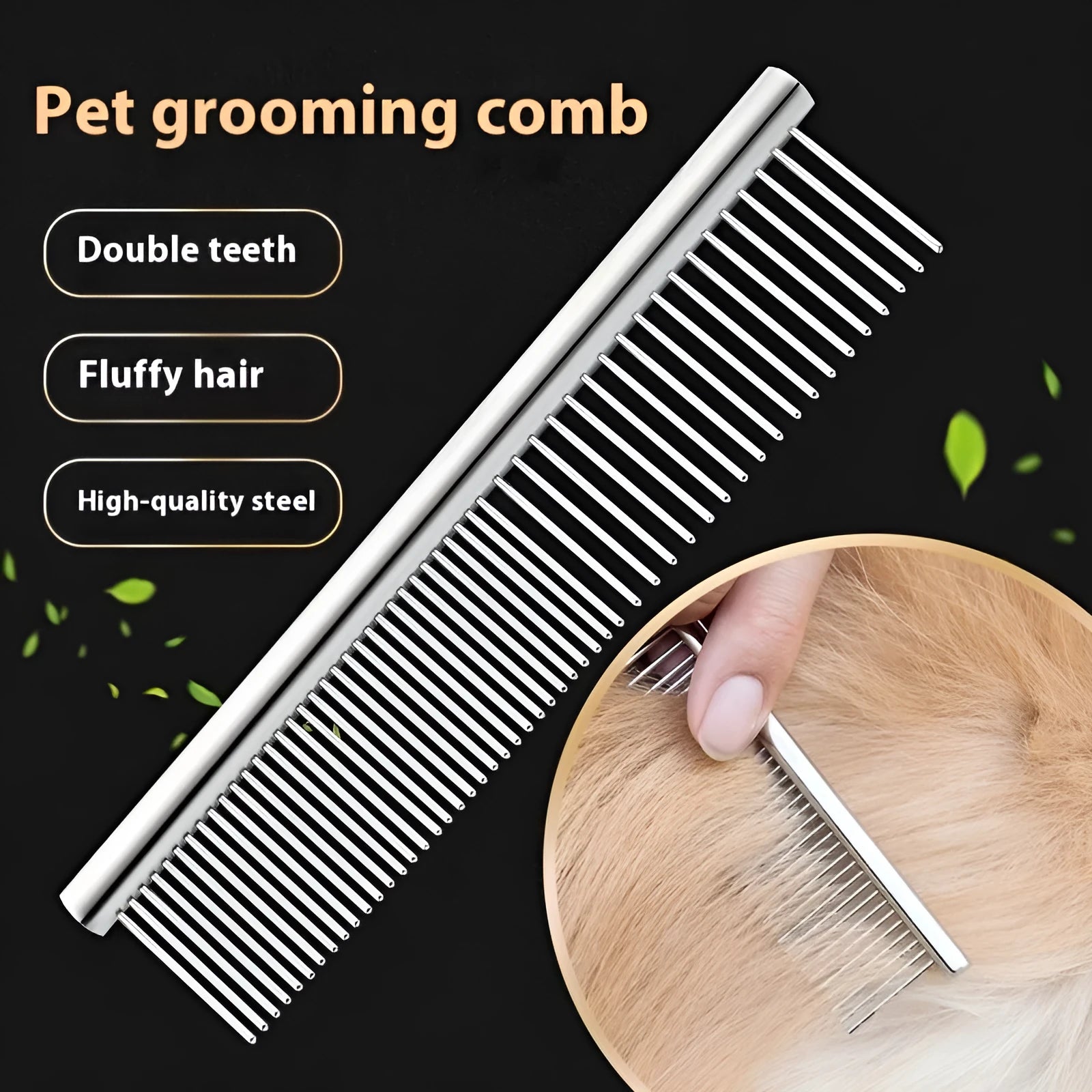 Silver stainless steel straight pet comb for cats and dogs, available in multiple sizes, with metal teeth and a solid handle.