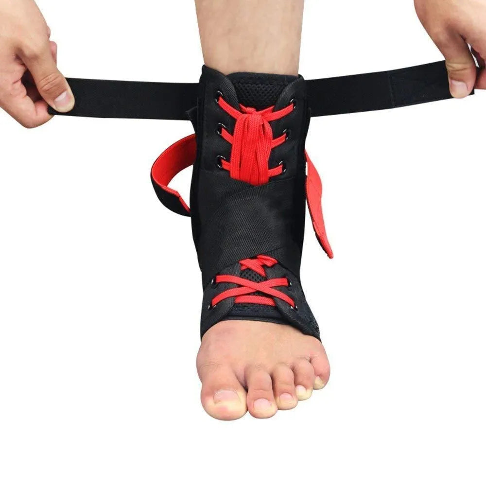 Kuangmi adjustable ankle brace in black red with straps for sport support