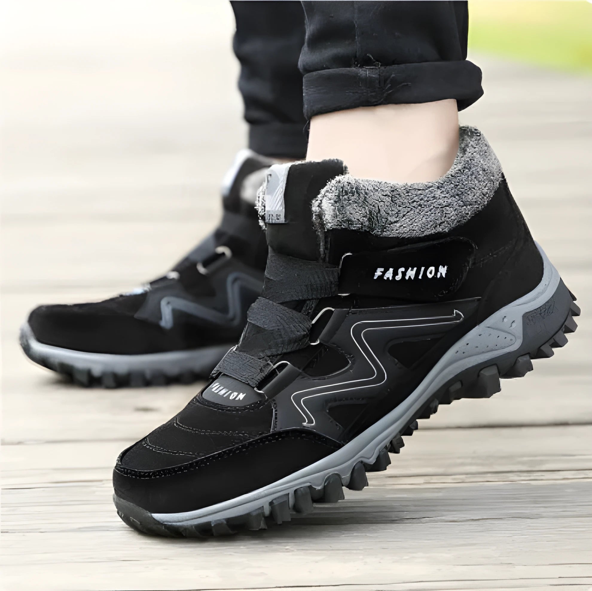 Mid-cut casual shoes with thick sole, cotton upper, round toe, wedge heel, in black, grey, and purple colours