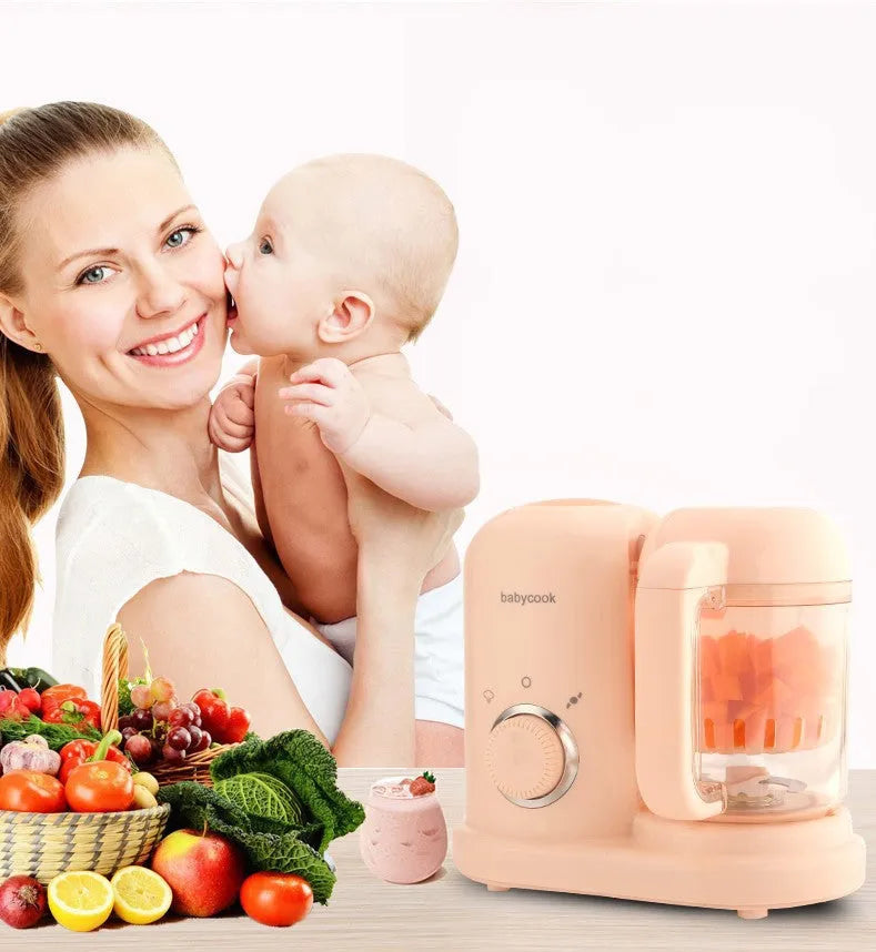 Green baby food processor with steamer and blender functions, double mixing blades