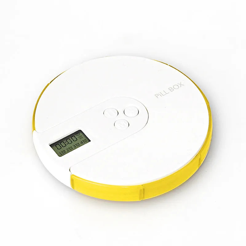 Blue 7-compartment alarm clock pill dispenser showing digital display and separate pill slots.