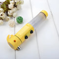 4-in-1 car emergency safety tool with LED torch, window hammer, belt cutter, and red magnetic beacon light on a black background