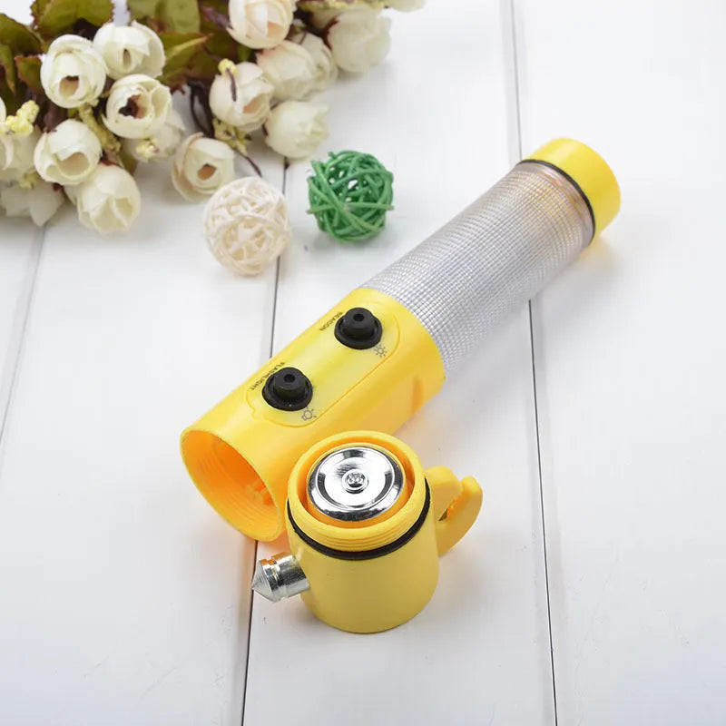 4-in-1 car emergency safety tool with LED torch, window hammer, belt cutter, and red magnetic beacon light on a black background