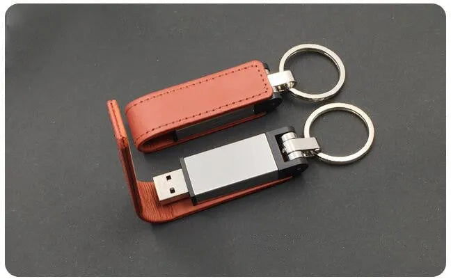 Leather USB flash drive with keychain loop in brown, USB 2.0 portable storage