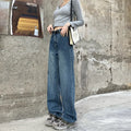 Women's high waist straight leg jeans in a retro blue wash, showcasing the denim fabric and cut.