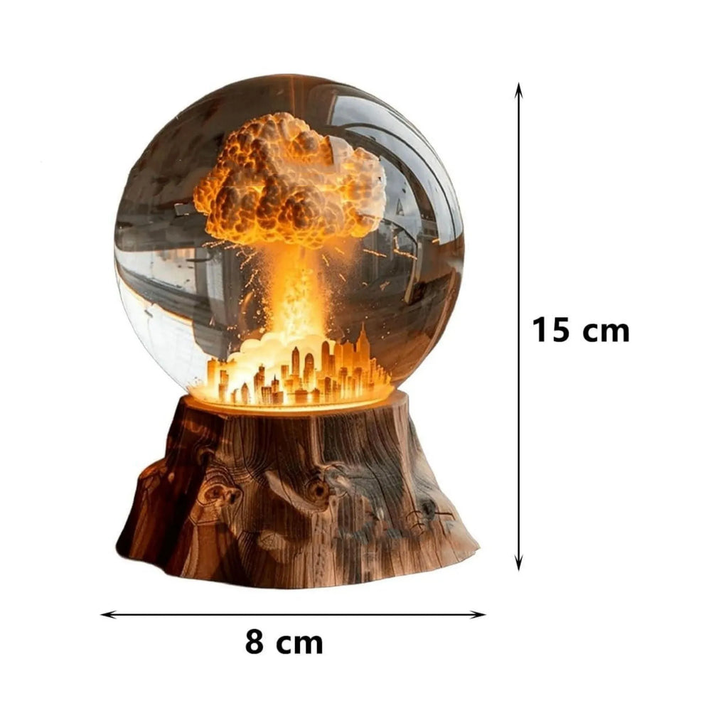 Close-up of a 3D atomic bomb explosion lamp in resin with hand-painted details, showing a mushroom cloud shape on a desk