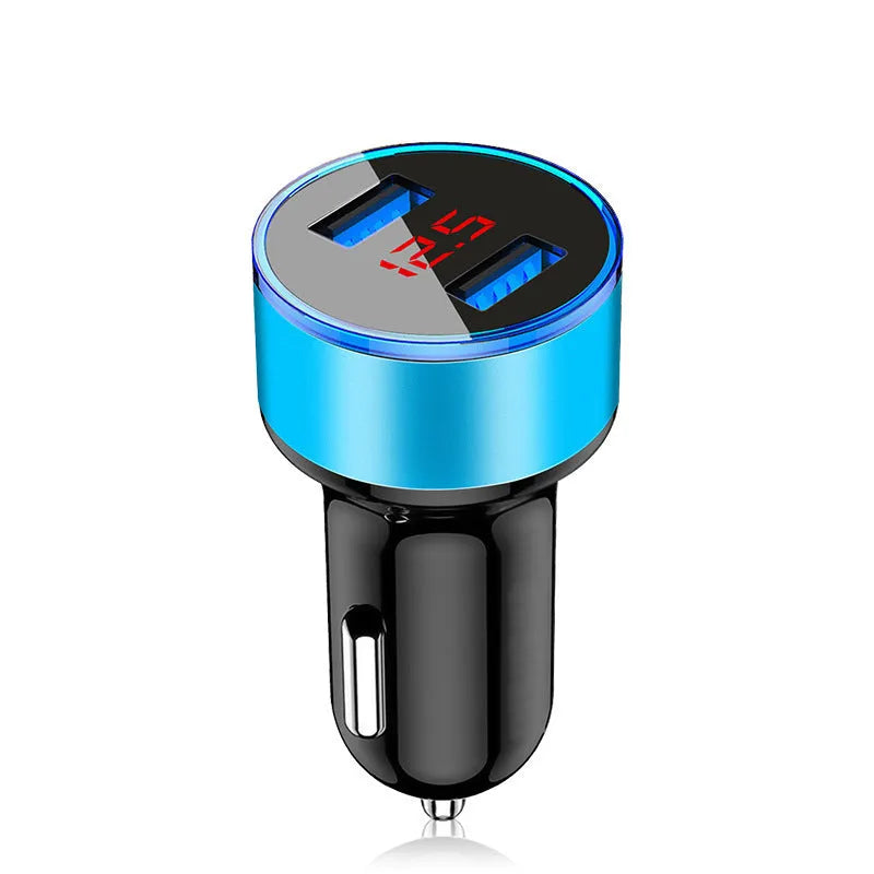 Aluminium alloy car charger with digital display in black, showing USB port and metal casing