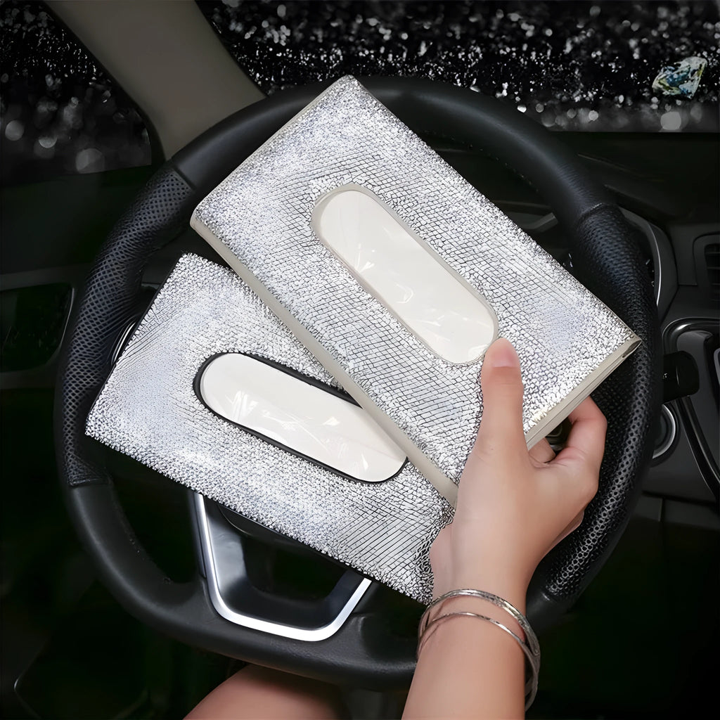 Crystal PU leather hanging sun visor car tissue box with rhinestones, metal clip, and Velcro closure in beige colour