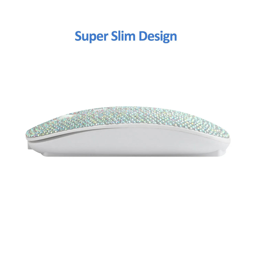 White wireless optical mouse with 2.4G USB receiver, 4 buttons, and rechargeable battery