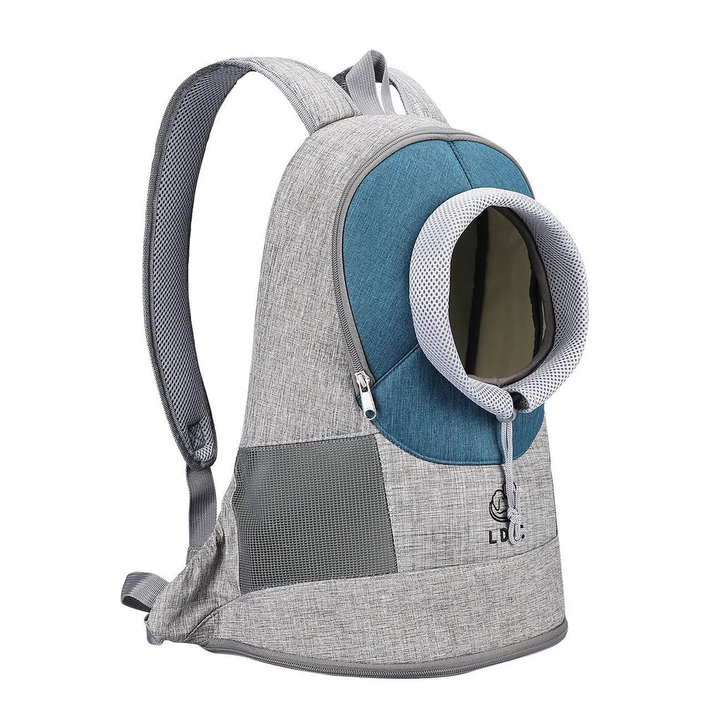 Blue M code dog cat carrier backpack with breathable mesh, open top, and side zips on polyester fabric